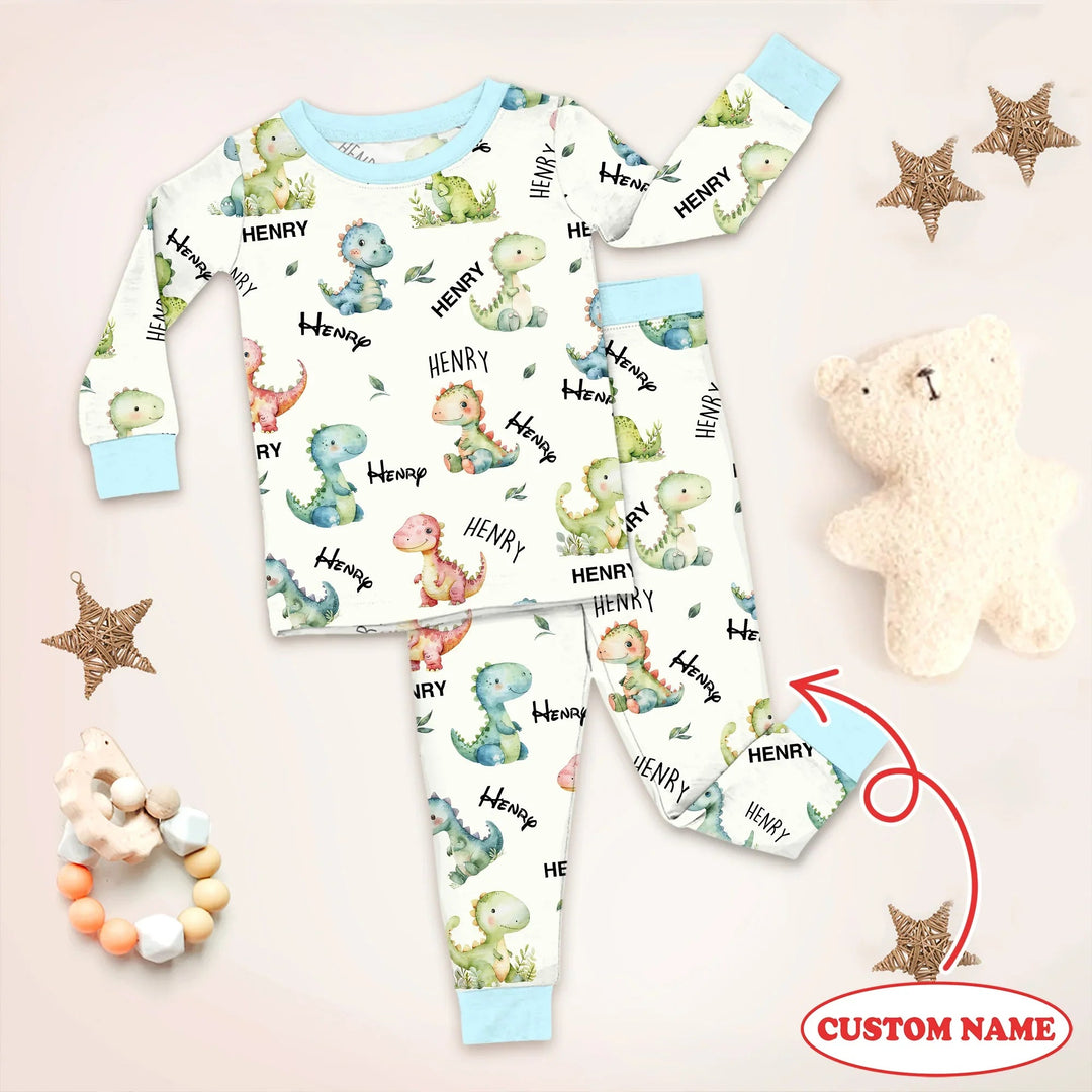 Dinosaur Custom Name Two Piece Long Sleeve Pajama Set - Zumbamboo