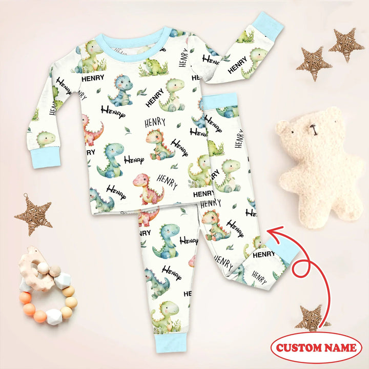 Dinosaur Custom Name Two Piece Long Sleeve Pajama Set - Zumbamboo