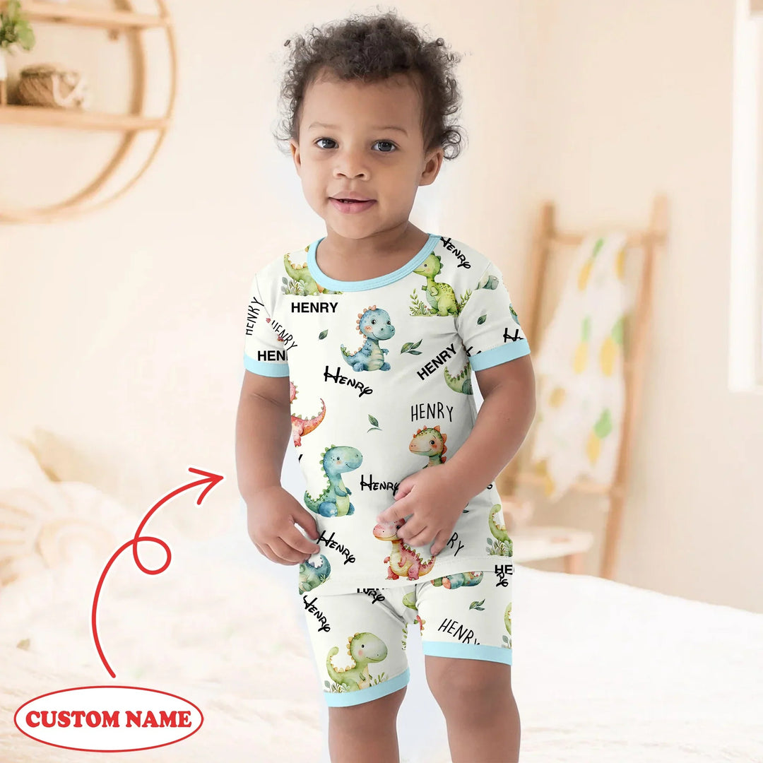 Dinosaur Custom Name Two Piece Short Sleeve Shorts Pajama Set - Zumbamboo