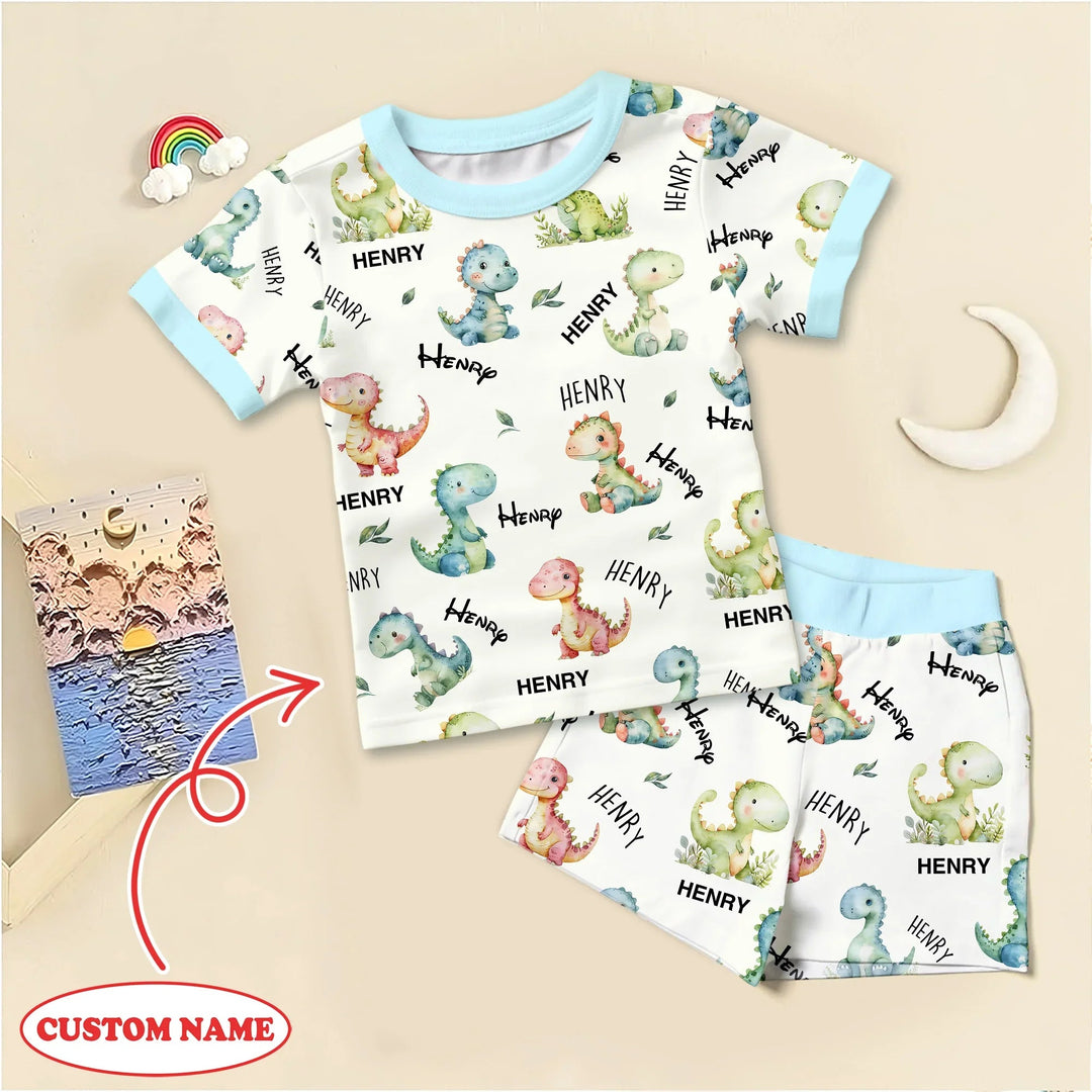 Dinosaur Custom Name Two Piece Short Sleeve Shorts Pajama Set - Zumbamboo