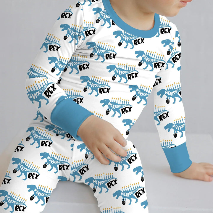 Dinosaur Hanukkah Boy Two Piece Long Sleeve Pajama Set - Zumbamboo