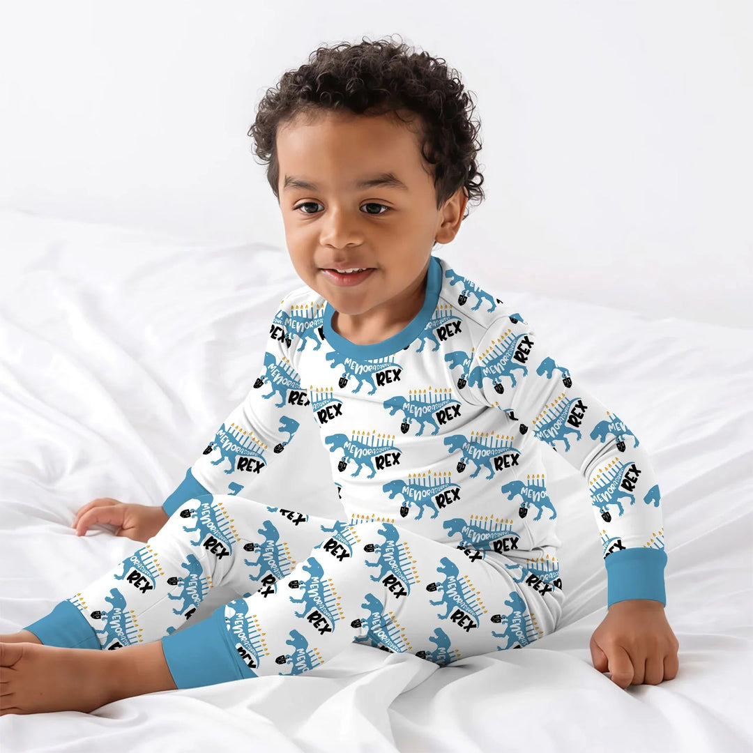 Dinosaur Hanukkah Boy Two Piece Long Sleeve Pajama Set - Zumbamboo