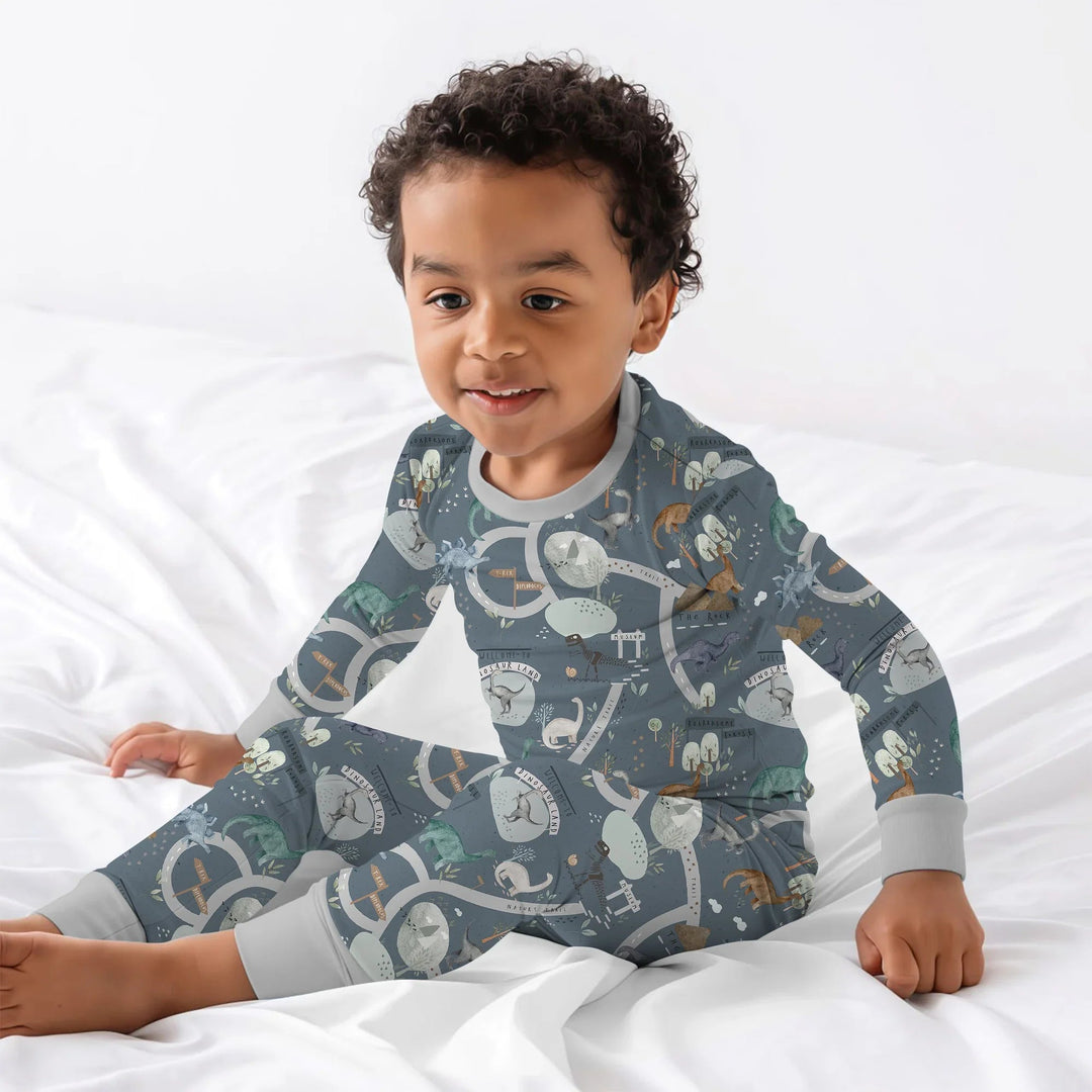 Dinosaur Route Map Two Piece Long Sleeve Pajama Set - Zumbamboo