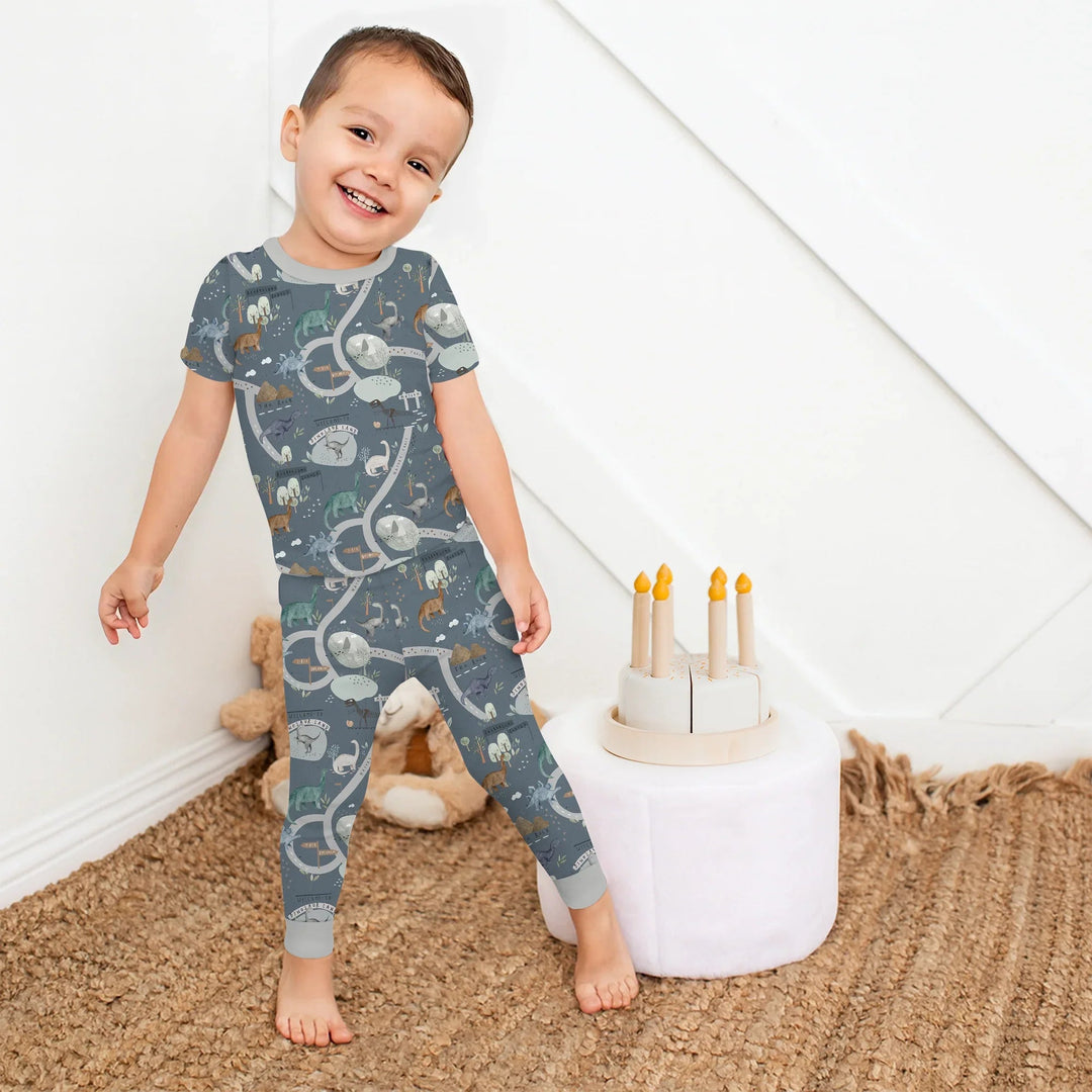 Dinosaur Route Map Two Piece Short Sleeve Pajama Set - Zumbamboo