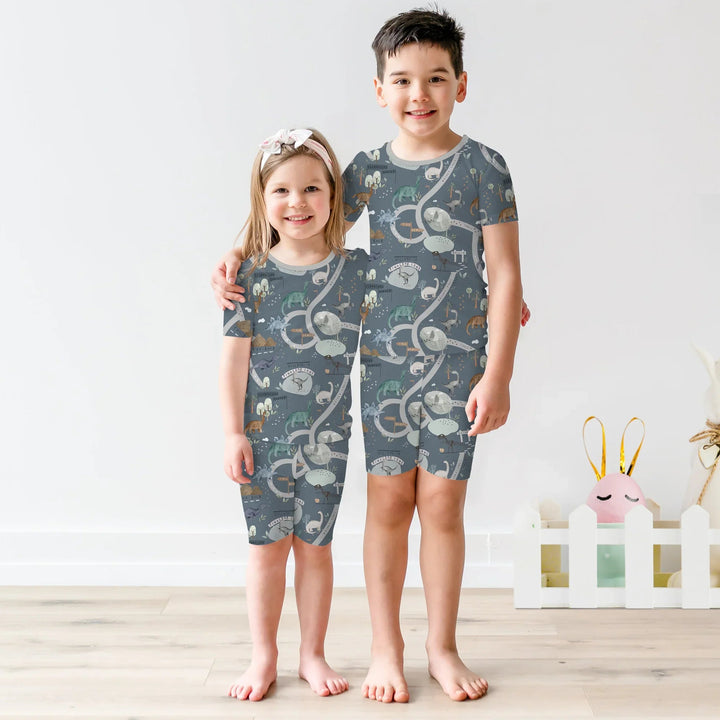 Dinosaur Route Map Two Piece Short Sleeve Shorts Pajama Set - Zumbamboo