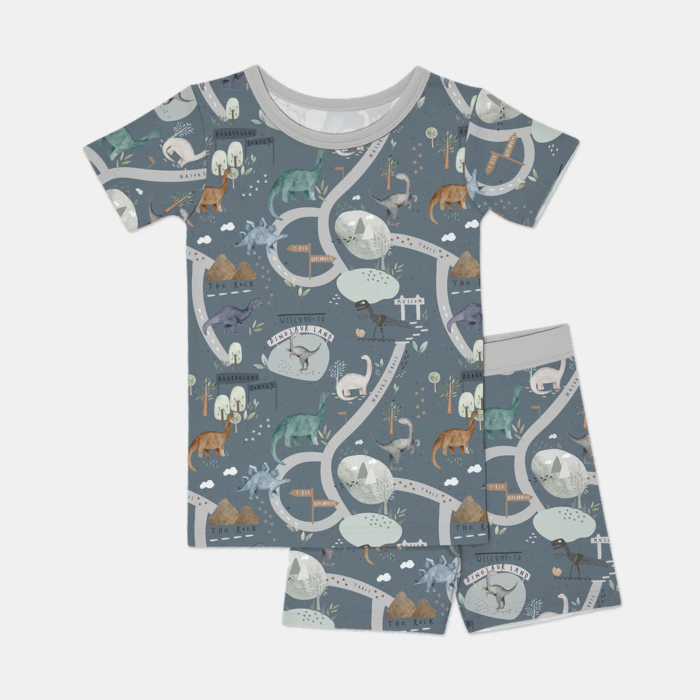 Dinosaur Route Map Two Piece Short Sleeve Shorts Pajama Set - Zumbamboo