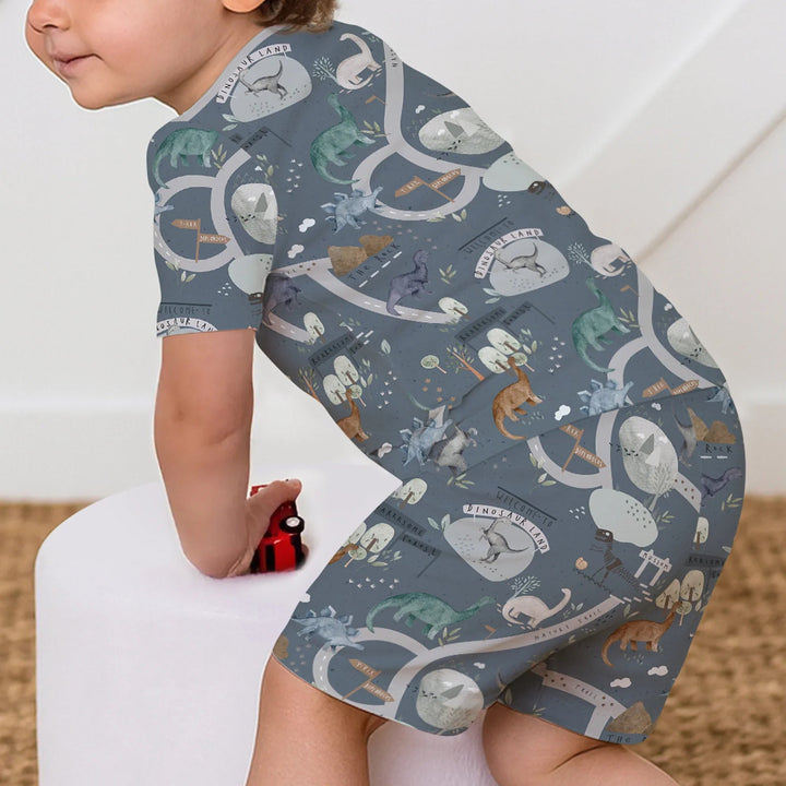 Dinosaur Route Map Two Piece Short Sleeve Shorts Pajama Set - Zumbamboo