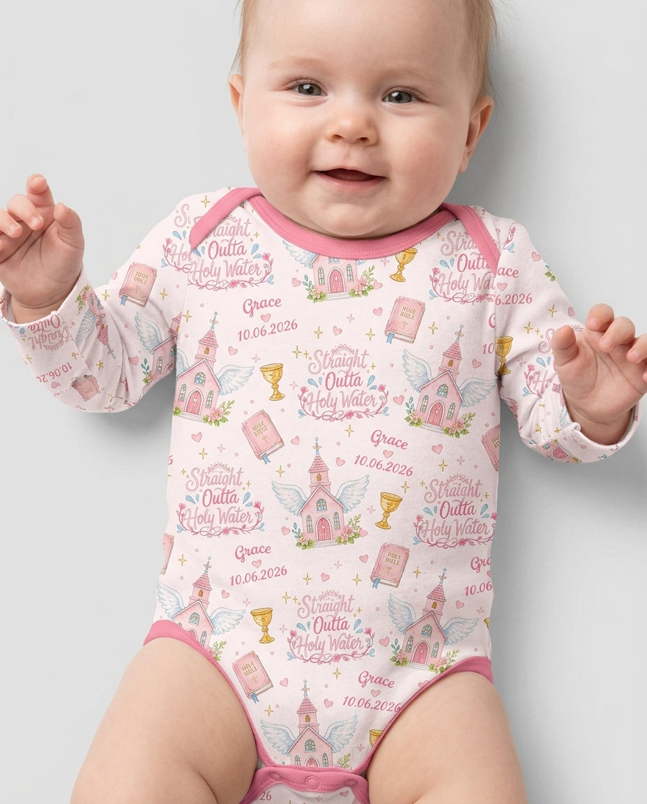 Custom Name Baptism Christening Straight Outta Holy Water Bamboo Bodysuit