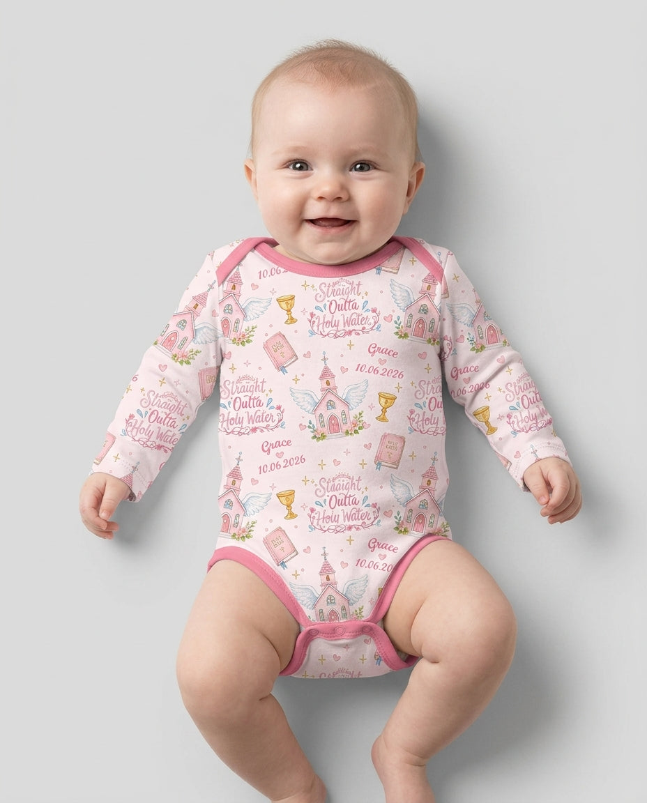 Custom Name Baptism Christening Straight Outta Holy Water Bamboo Bodysuit
