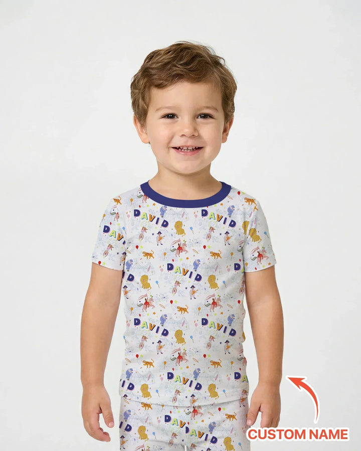 Custom Name Circus Toile Bamboo Two Piece Short Sleeve Pajama Set
