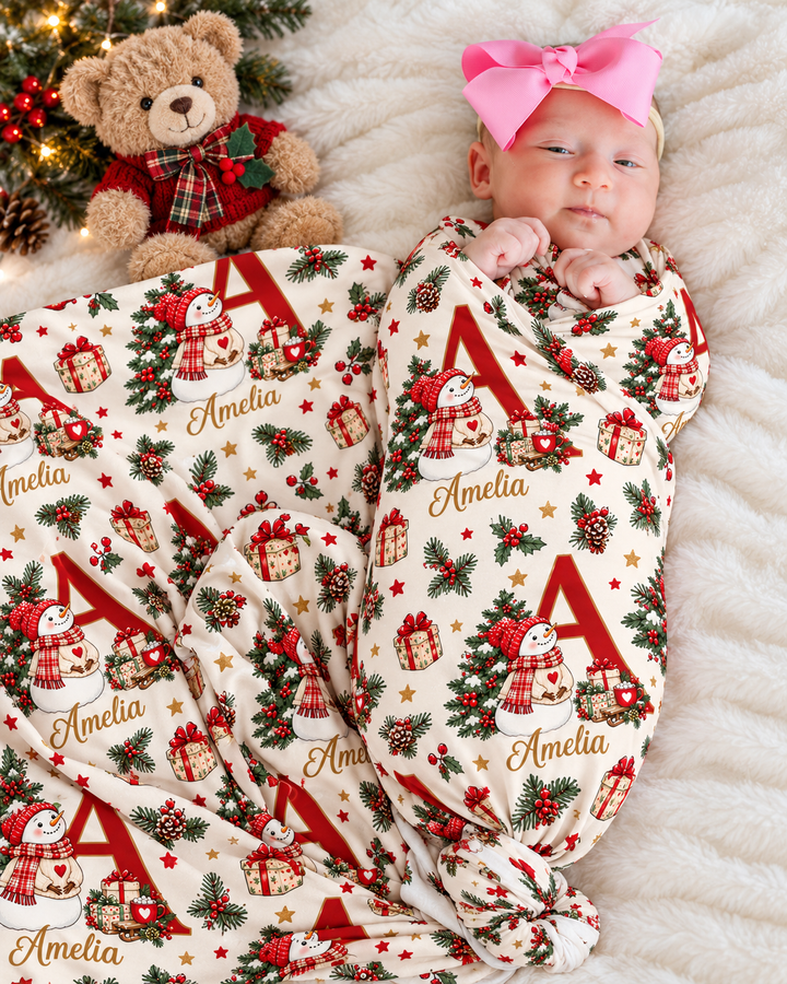 Custom Name Snowman Christmas Bamboo Swaddle Blanket