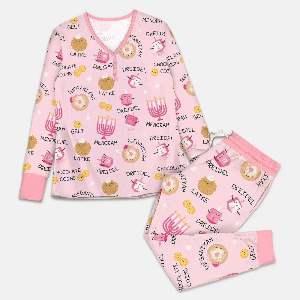 Family Hanukkah Matching Women Pajama Set , Family Hanukkah Matching Women Pajama Set - Combo Shirt & Pants / S / Pink