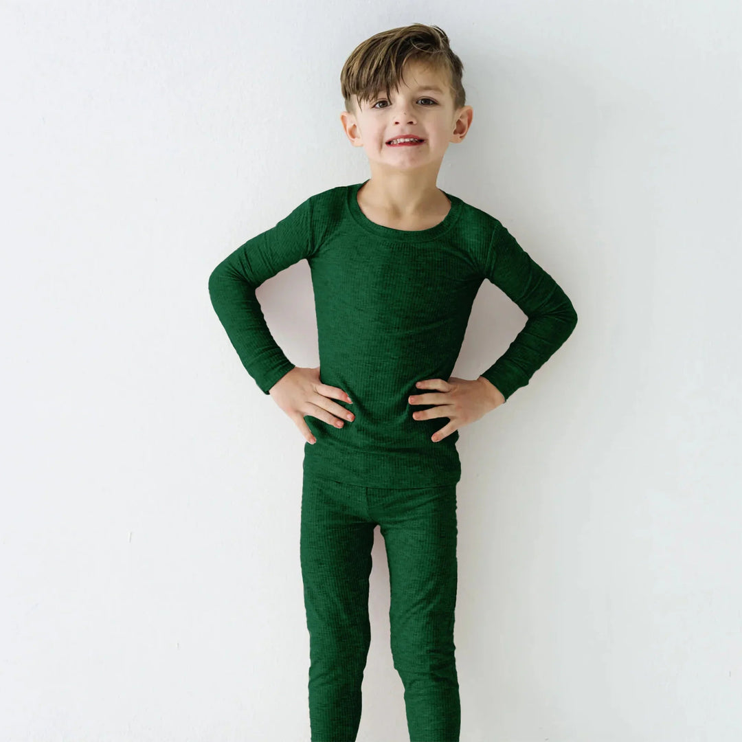 Forest Green Ribbed Two Piece Long Sleeve Pajama Set , Forest Green Ribbed Two Piece Long Sleeve Pajama Set - 12-18M
