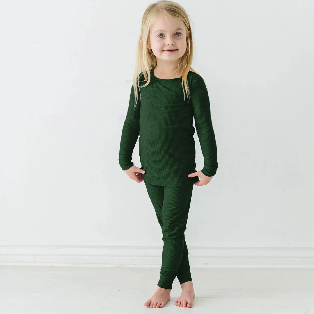 Forest Green Ribbed Two Piece Long Sleeve Pajama Set - Zumbamboo