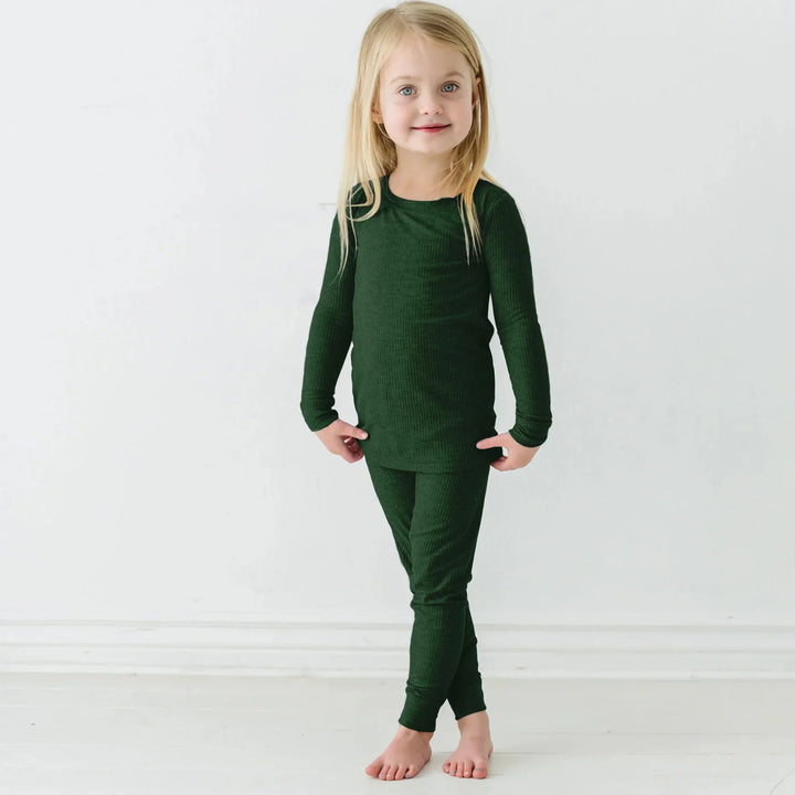 Forest Green Ribbed Two Piece Long Sleeve Pajama Set , Forest Green Ribbed Two Piece Long Sleeve Pajama Set - 12-18M