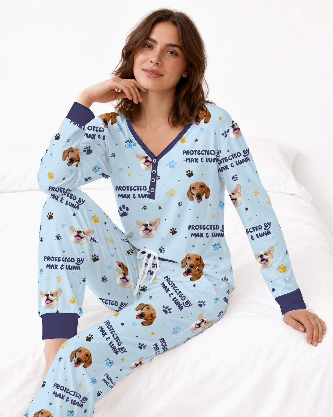 Custom Dog Photos "Protected By" Pawfect Blue Bamboo Women Pajama Set