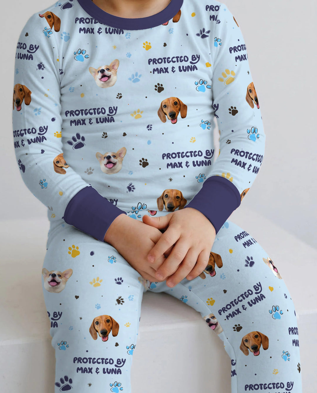 Custom Dog Photos "Protected By" Pawfect Blue Bamboo Two Piece Long Sleeve Pajama Set