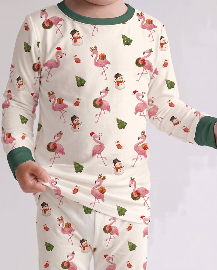 Starlight Cream Flamingo Christmas Cheer Bamboo Two Piece Long Sleeve Pajama Set