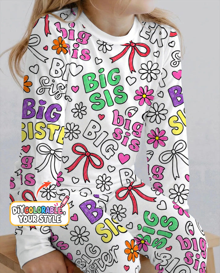 Big Sister Bows & Flowers Colorable Bamboo Two Piece Long Sleeve Pajama Set