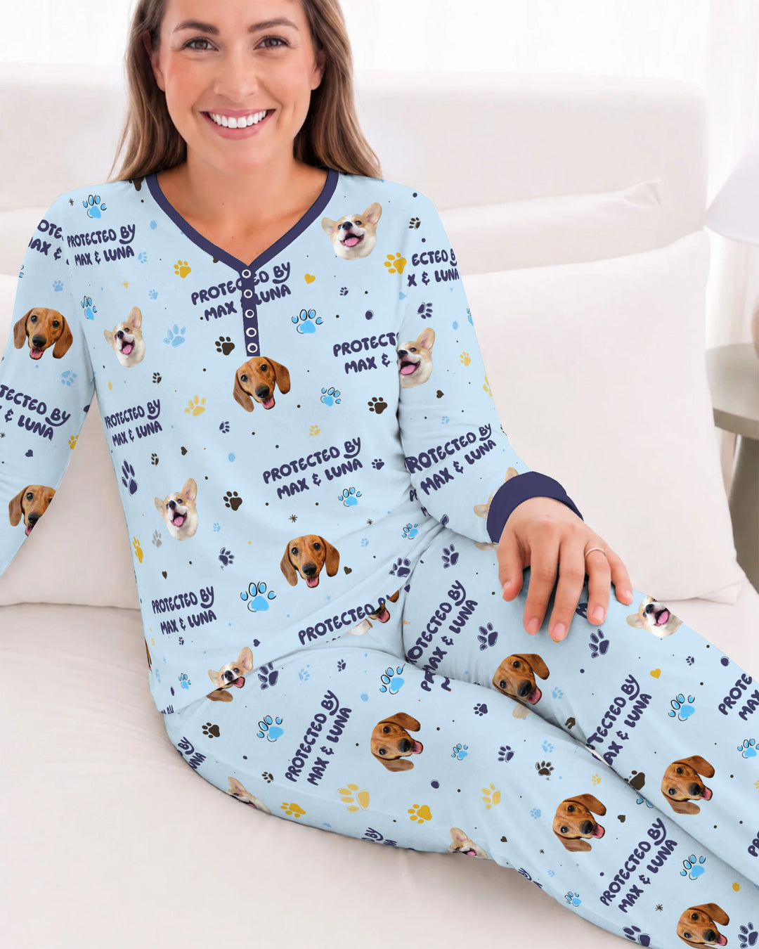 Custom Dog Photos "Protected By" Pawfect Blue Bamboo Women Pajama Set