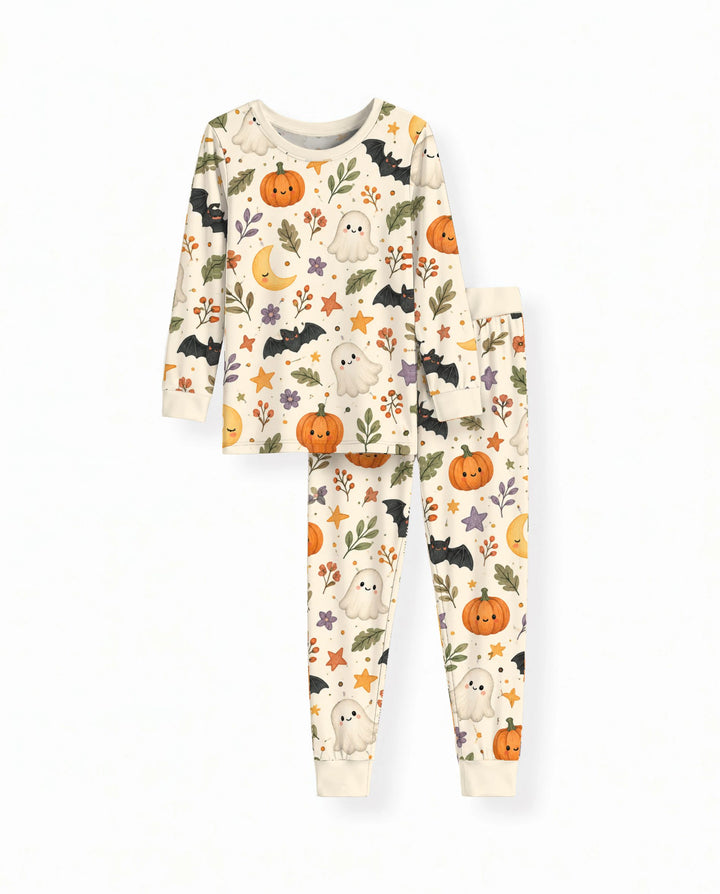 Cute Ghost Pumpkin Moon Garden Bamboo Two Piece Long Sleeve Pajama Set