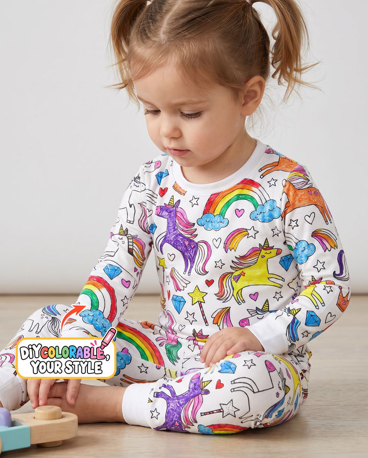 Rainbow Unicorn Magic Doodles Colorable Bamboo Two Piece Long Sleeve Pajama Set