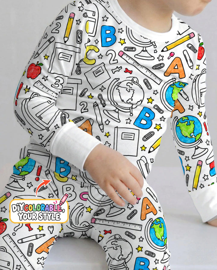 Back to School Doodle Supplies Colorable Bamboo Two Piece Long Sleeve Pajama Set