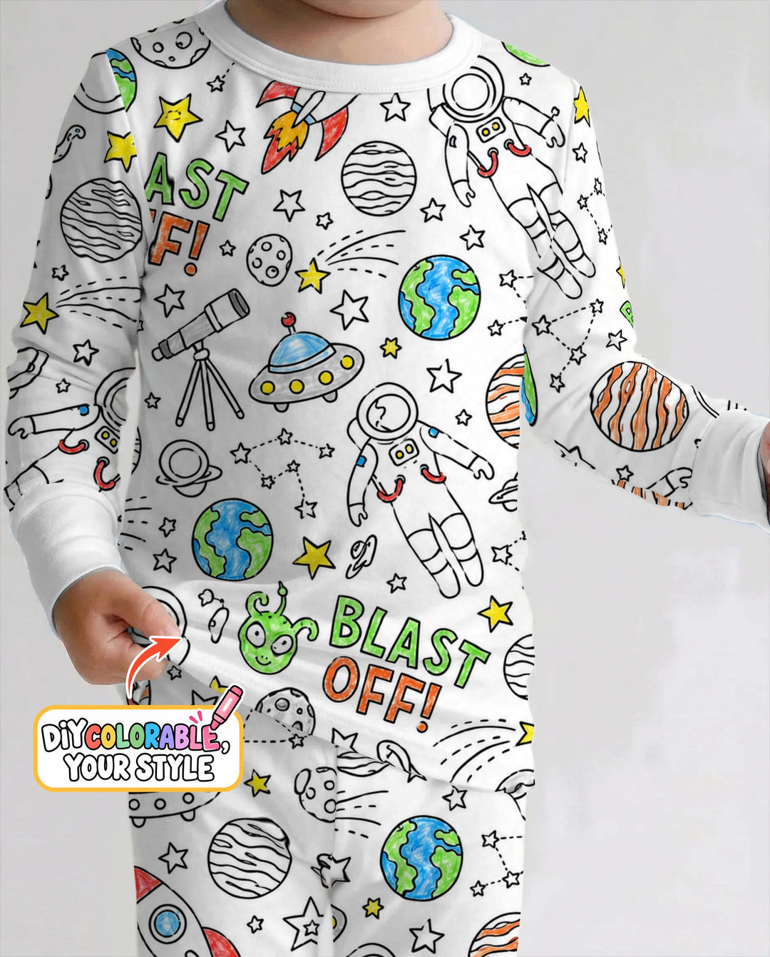 Blast Off Space Adventure Colorable Bamboo Two Piece Long Sleeve Pajama Set
