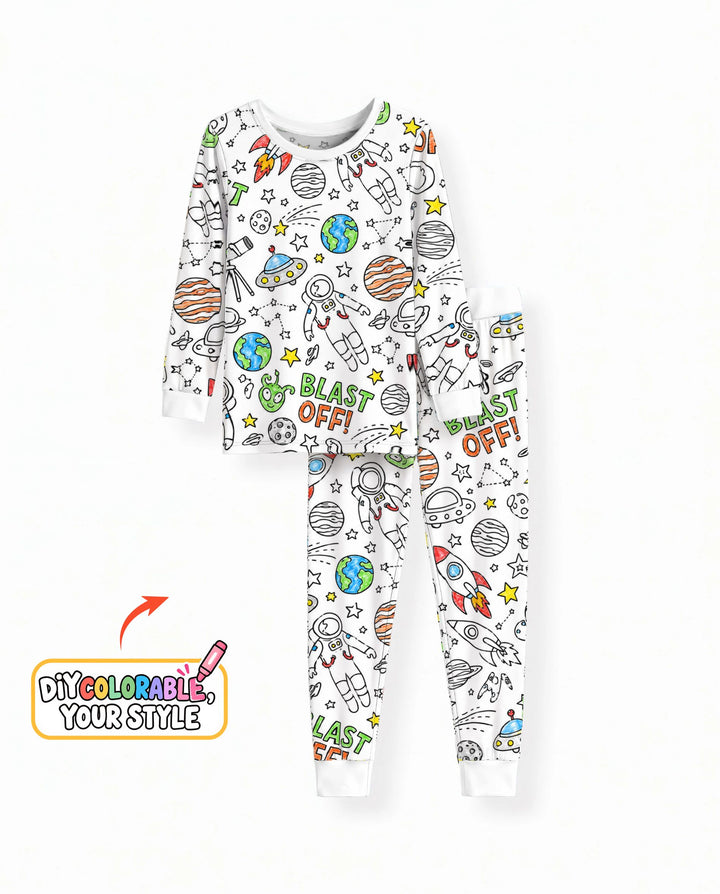 Blast Off Space Adventure Colorable Bamboo Two Piece Long Sleeve Pajama Set