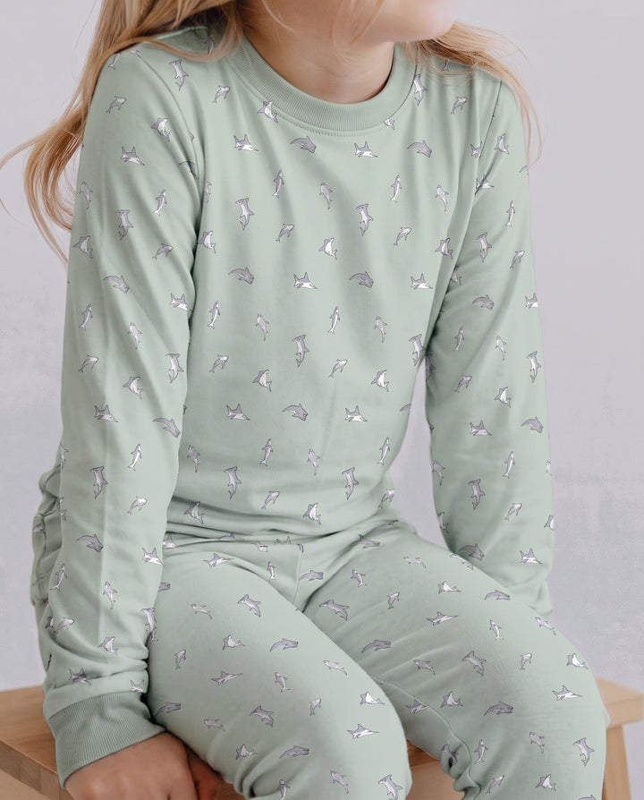 Seafoam Dolphin Dance Bamboo Two Piece Long Sleeve Pajama Set