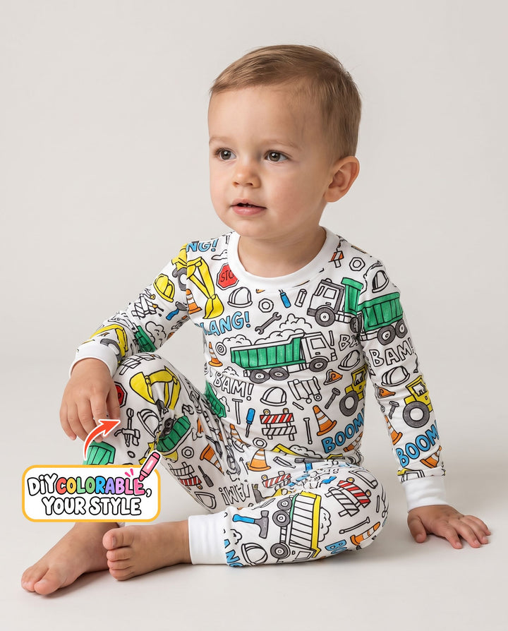 Construction Trucks Doodle Crew Colorable Bamboo Two Piece Long Sleeve Pajama Set