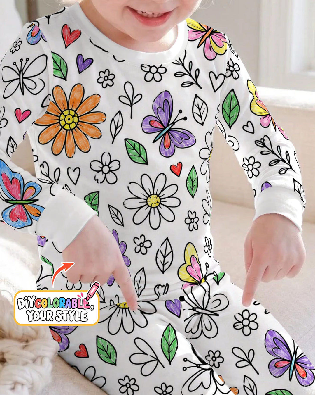 Butterfly Daisy Garden Doodles Colorable Bamboo Two Piece Long Sleeve Pajama Set