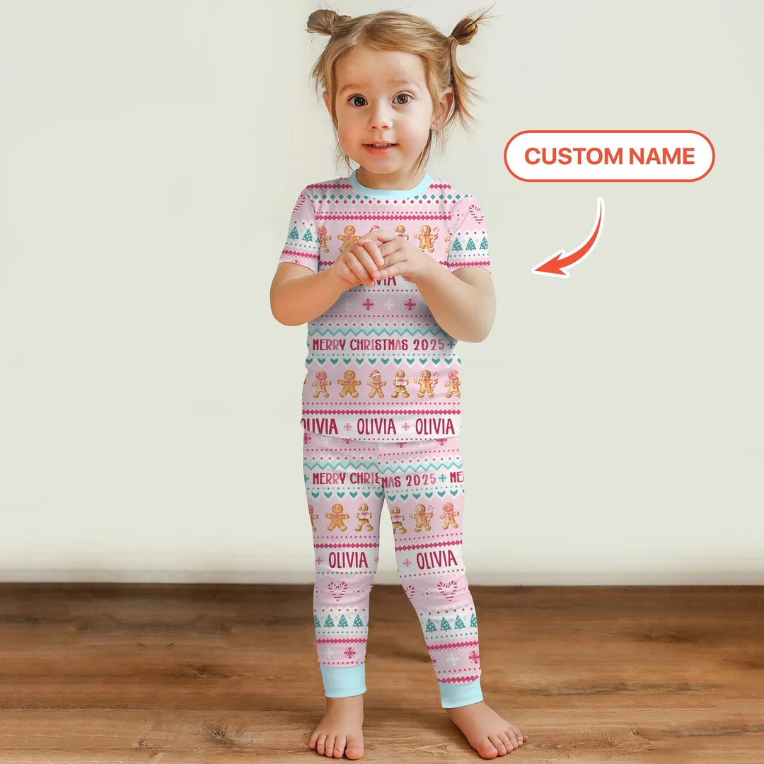 Ginger bread the Pink Custom Name Two Piece Short Sleeve Pajama Set - Zumbamboo