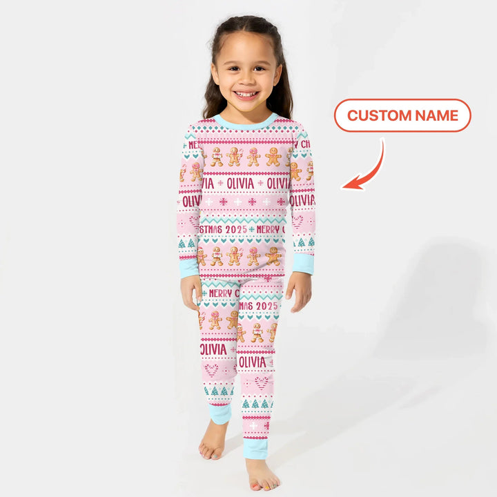 Gingerbread the Pink Custom Name Two Piece Long Sleeve Pajama Set - Zumbamboo