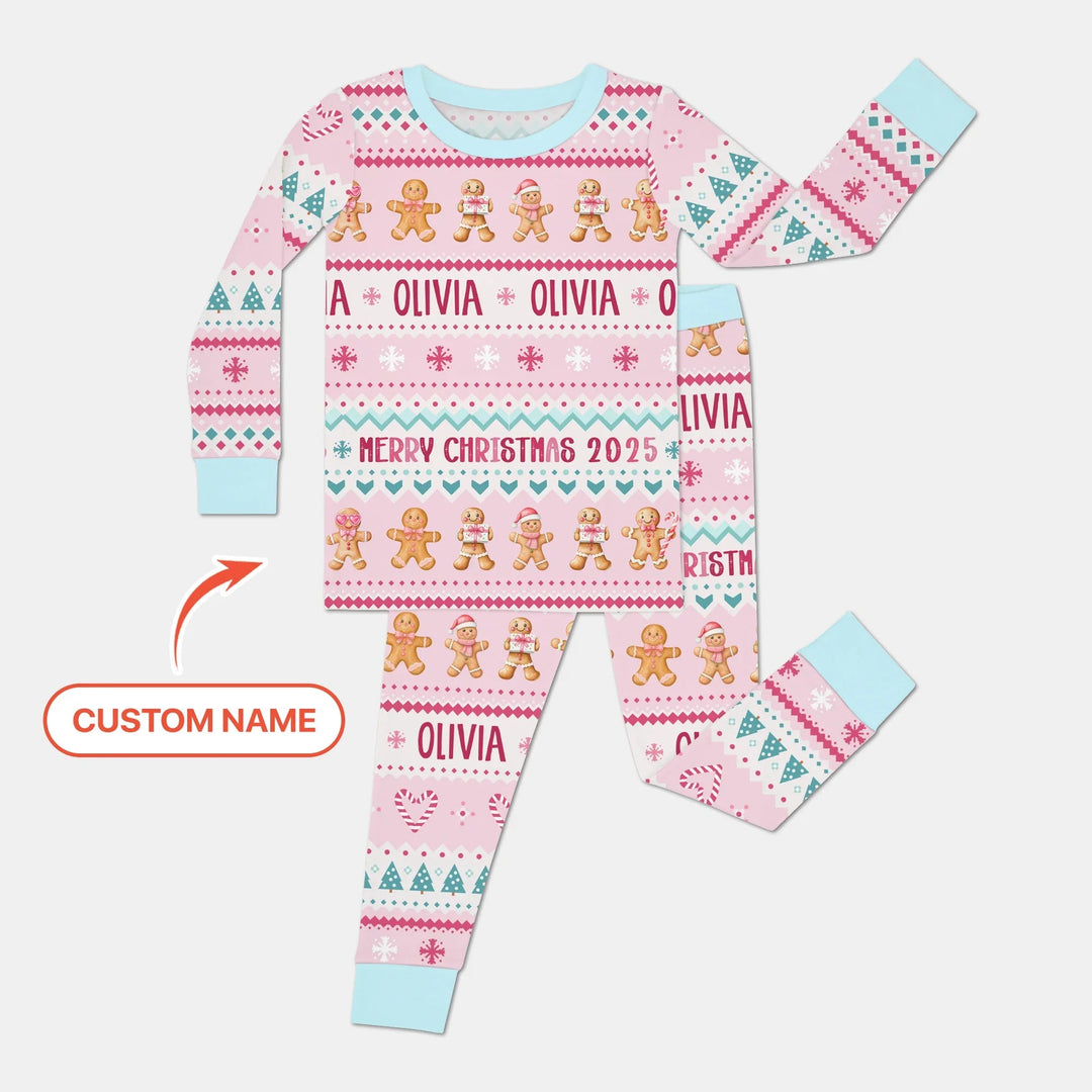Gingerbread the Pink Custom Name Two Piece Long Sleeve Pajama Set - Zumbamboo