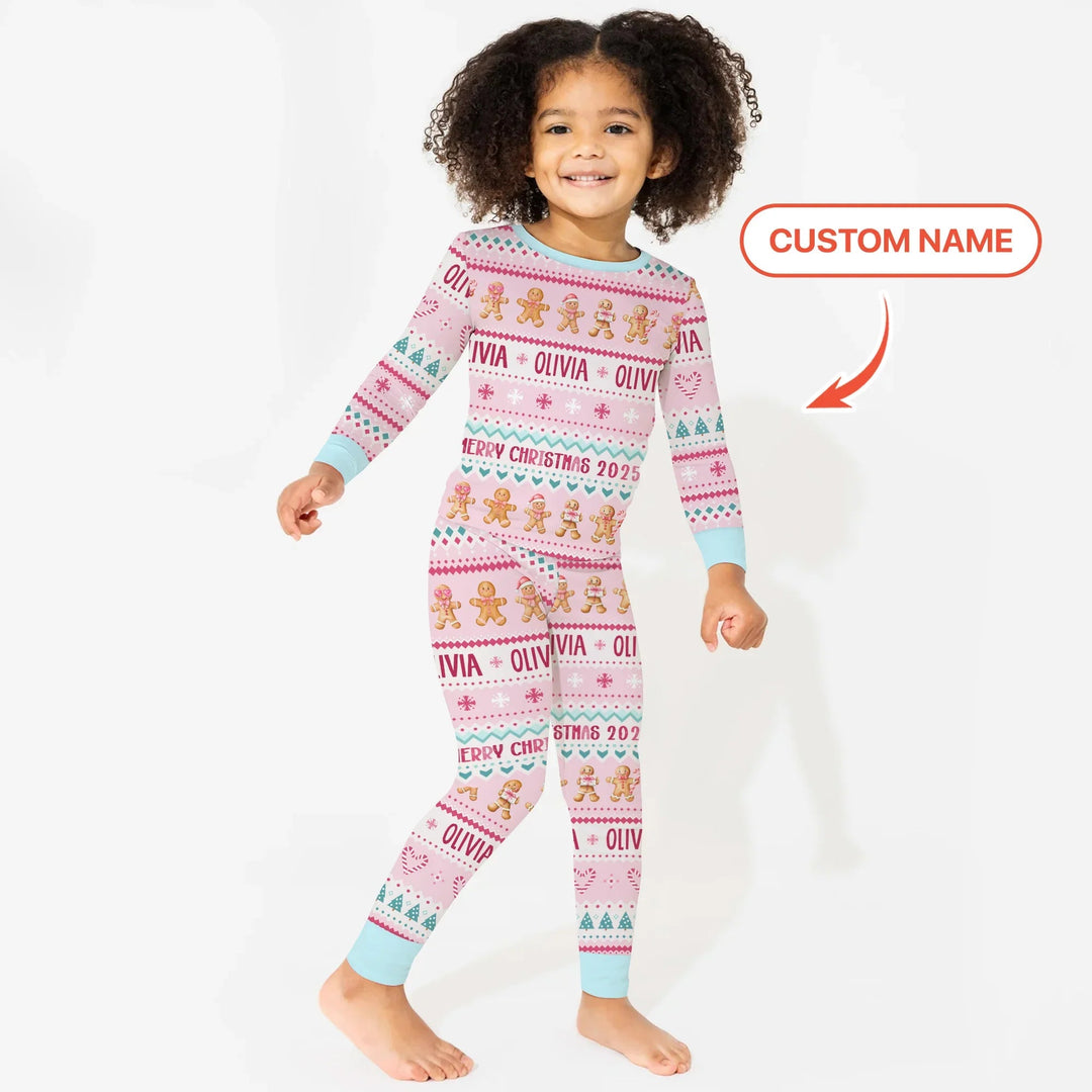 Gingerbread the Pink Custom Name Two Piece Long Sleeve Pajama Set - Zumbamboo