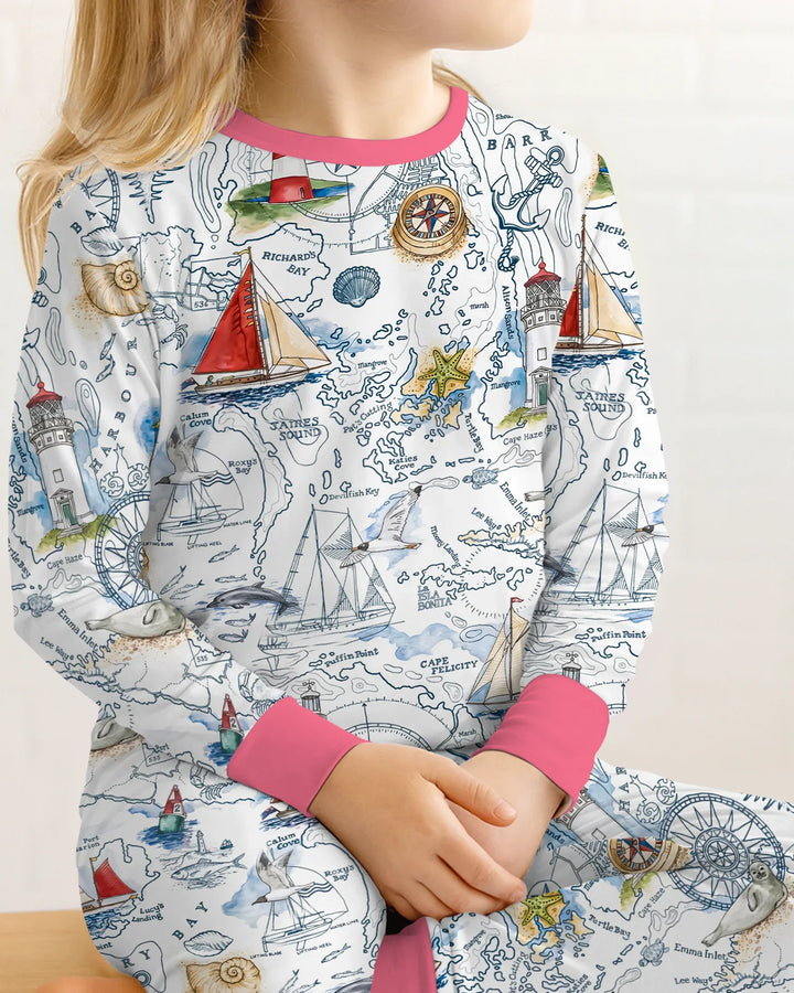 Seaside Adventure Map Bamboo Two Piece Long Sleeve Pajama Set