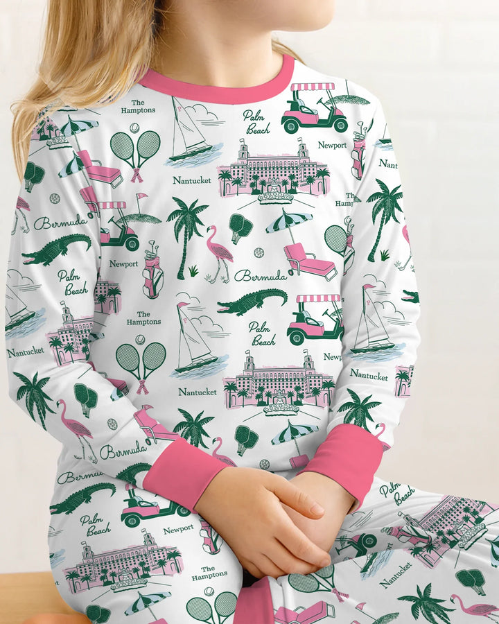 Conjunto de pijama de dos piezas de bambú de manga larga estilo Preppy Palm Getaway