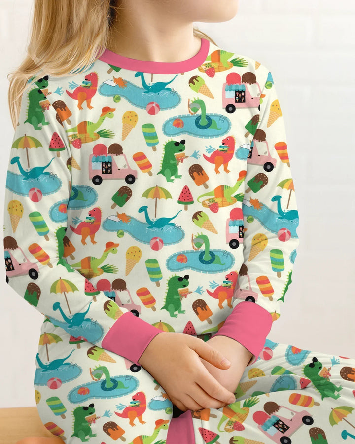 Conjunto de Pijama de Dos Piezas de Bambú de Manga Larga Dino Summer Splash