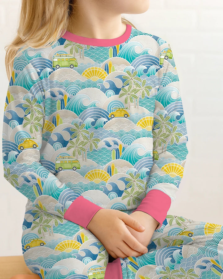 Conjunto de pijama de dos piezas de manga larga de bambú con olas y olas para viaje por la costa