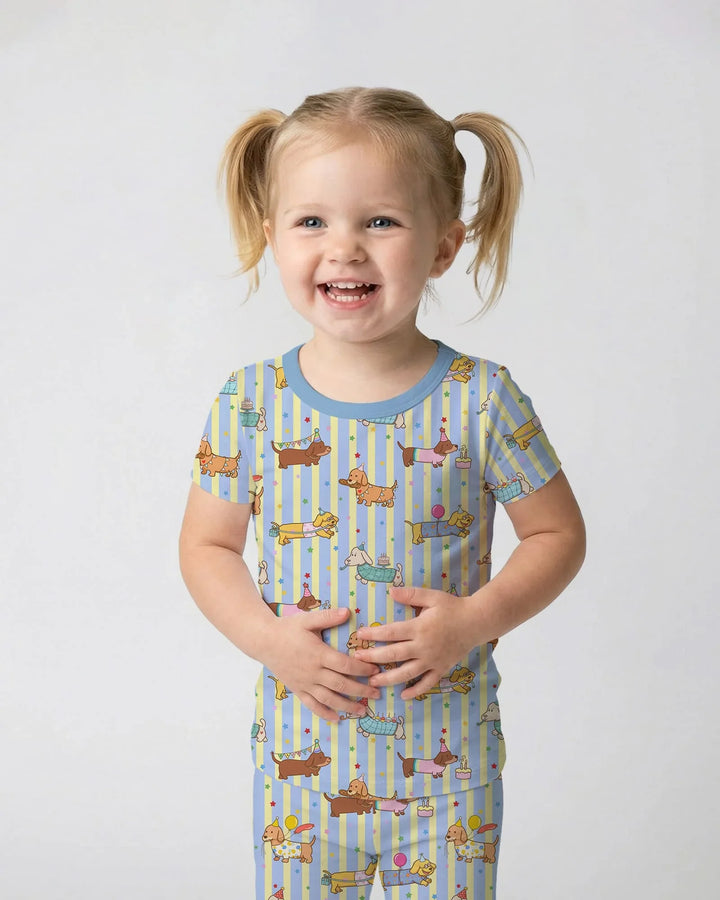 Custom Name Birthday Dachshund Bamboo Two Piece Short Sleeve Pajama Set