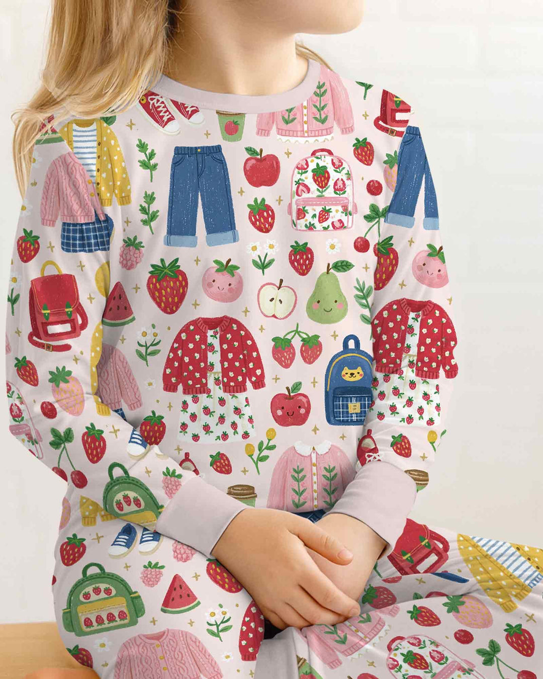 Strawberry School Style Bamboo Two Piece Long Sleeve Pajama Set