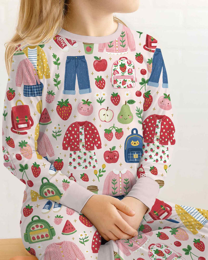 Strawberry School Style Bamboo Two Piece Long Sleeve Pajama Set