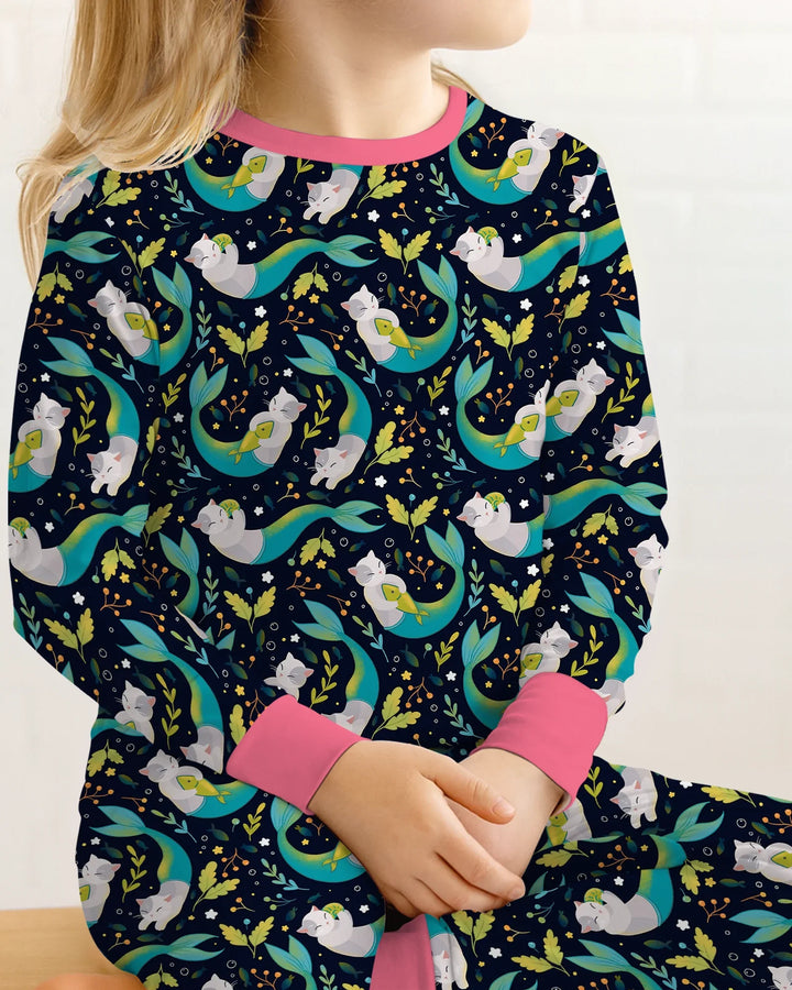 Pijama de dos piezas de bambú de manga larga Midnight Mermaid Cats
