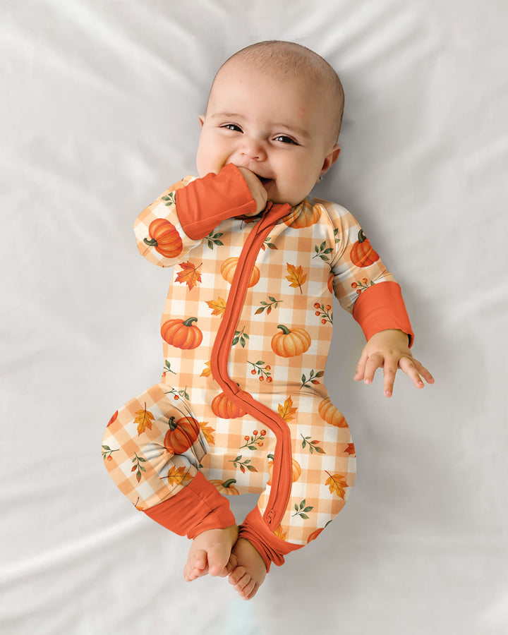 Cute Fall Pumpkin Leaves Gingham Bamboo Convertible Zippy
