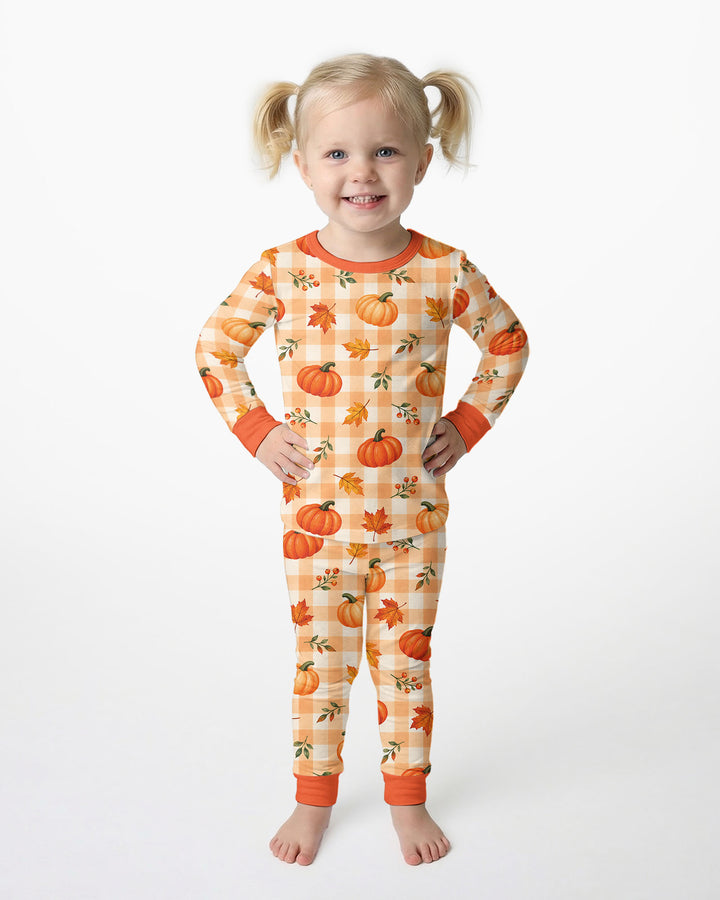 Cute Fall Pumpkin Leaves Gingham Bamboo Two Piece Long Sleeve Pajama Set