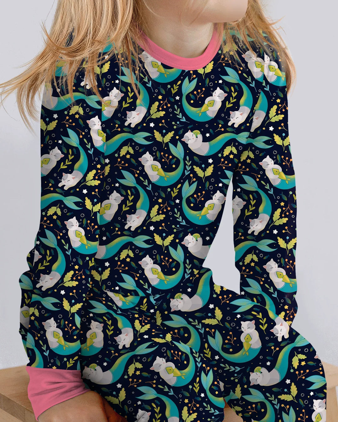 Pijama de dos piezas de bambú de manga larga Midnight Mermaid Cats