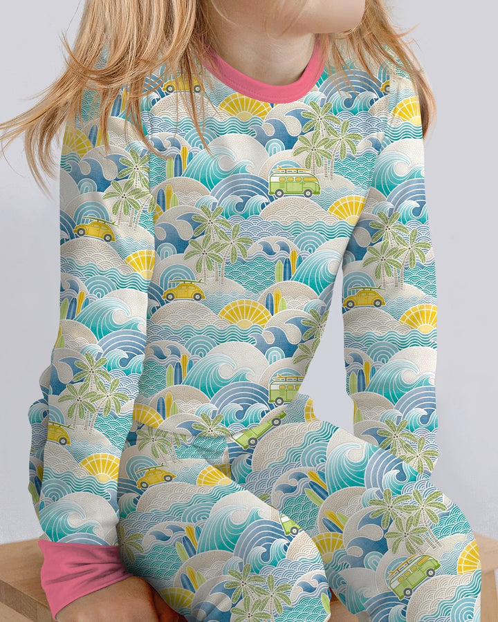 Conjunto de pijama de dos piezas de manga larga de bambú con olas y olas para viaje por la costa