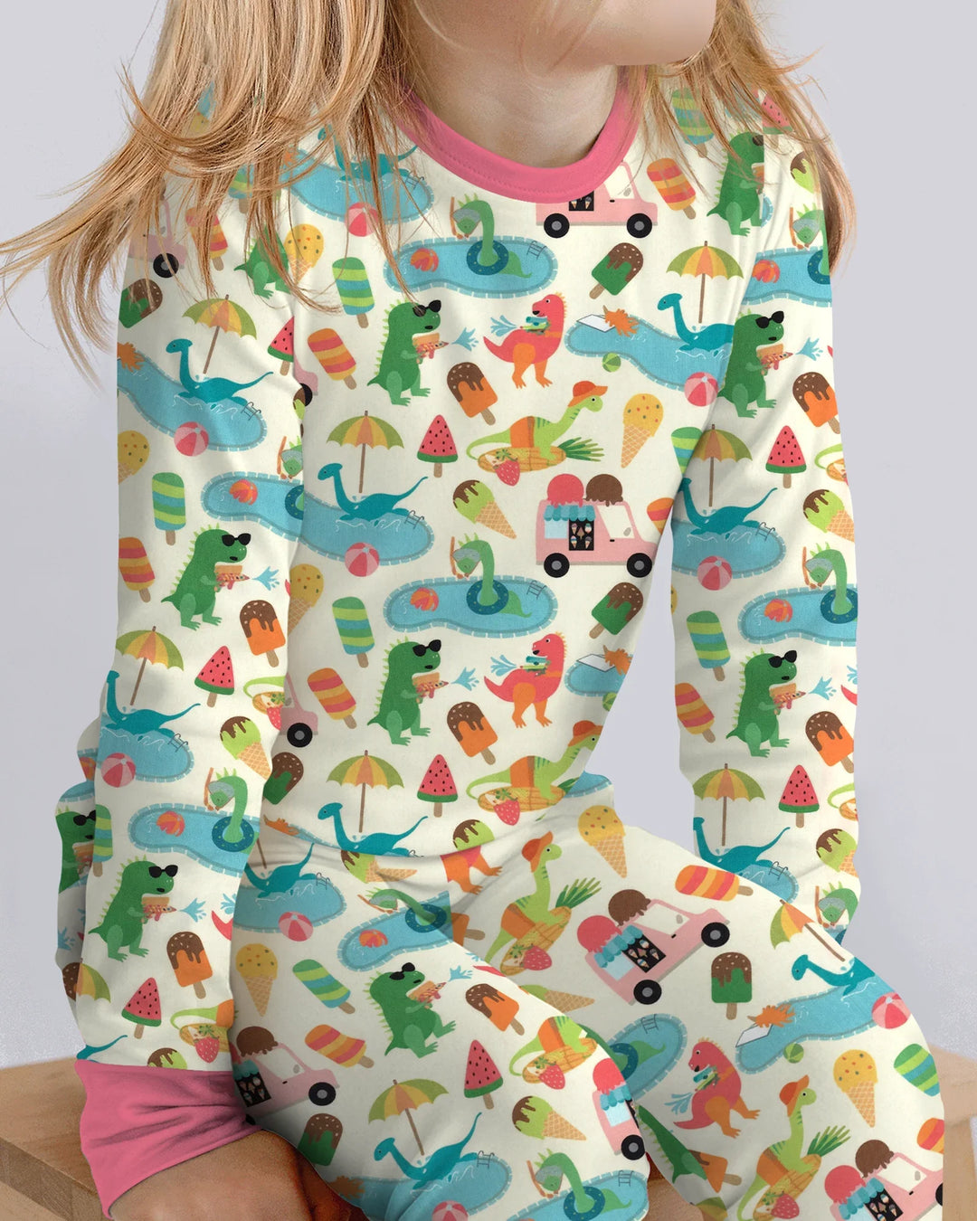 Conjunto de Pijama de Dos Piezas de Bambú de Manga Larga Dino Summer Splash
