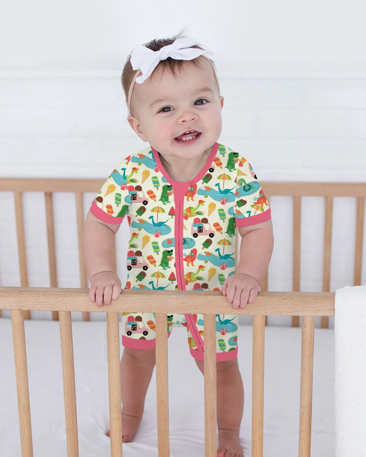 Pijama corta con cremallera de bambú Dino Summer Splash